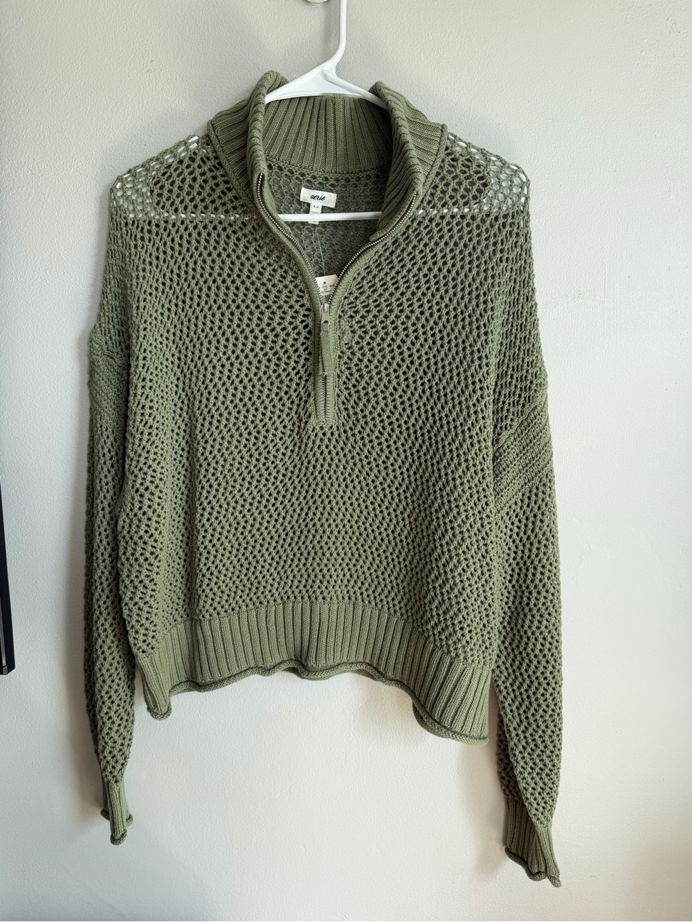 NWT Aerie Crochet Open Knit Quarter Zip Sweater Green S Cotton